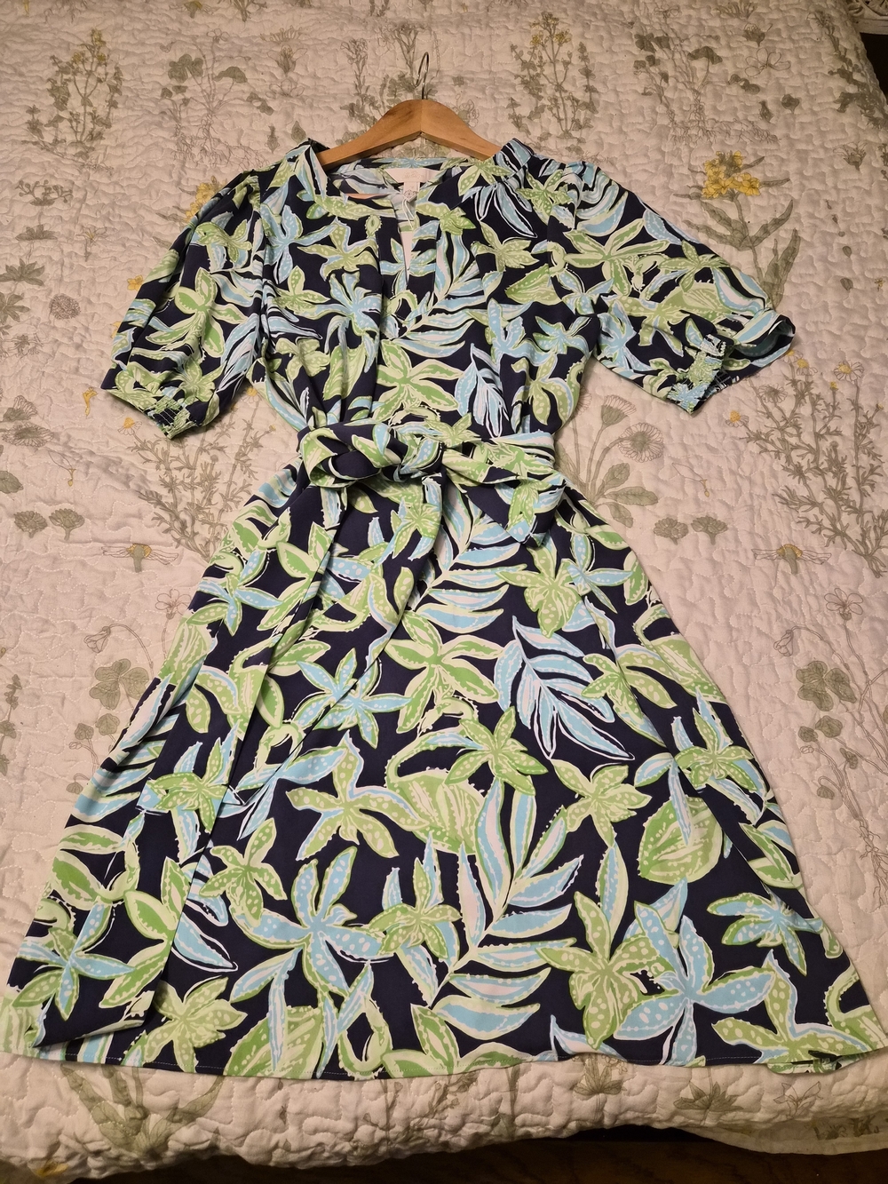 Lilly Pulitzer Navy Midi Dress with Green & Light Blue Leaf Print and Belt